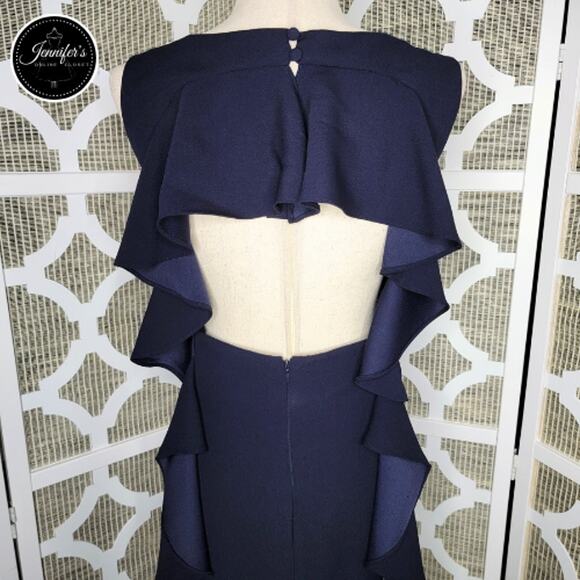 Vince Camuto Navy Blue Embellished Open Ruffle Back Crepe Gown Size 12 - Picture 6 of 16
